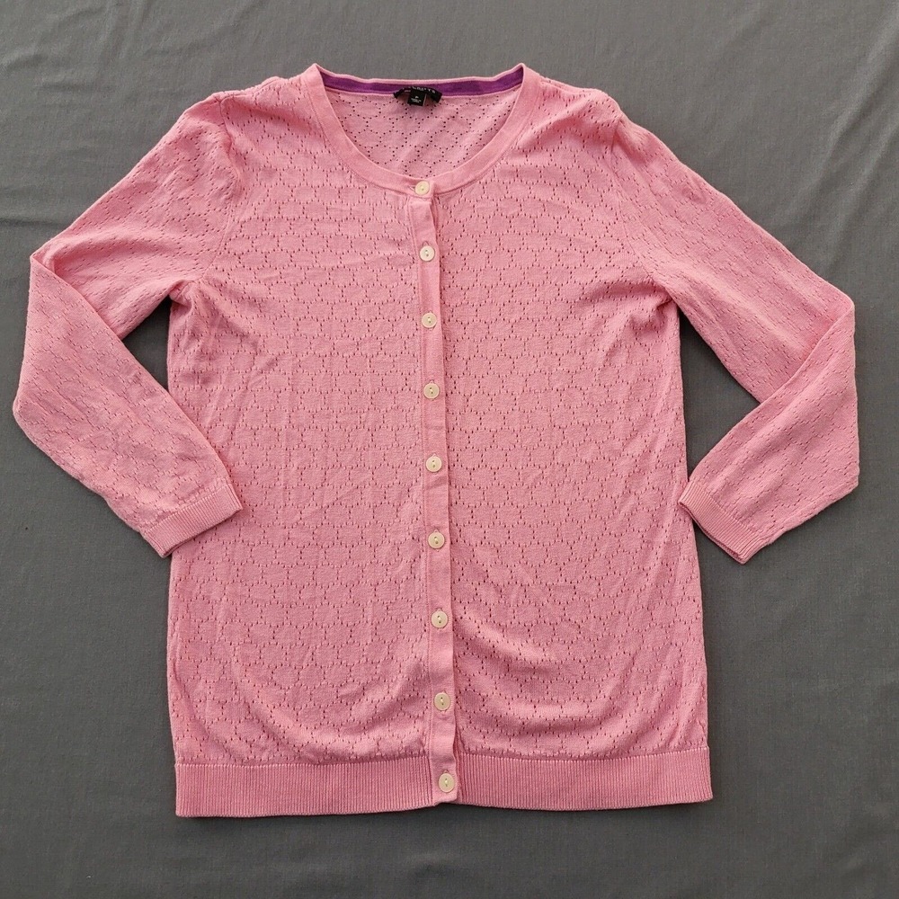 Talbots Petites Pink Pointelle Knit Button‎ Front Cardigan Sweater 3/4 Sleeve P